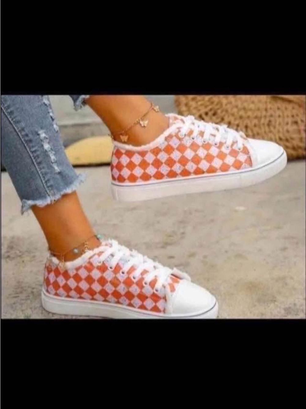 Low-Top Orange Checkerboard Canvas Sneakers - Women